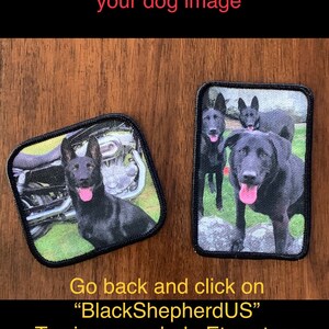 May include: Two custom dog patches. One patch features a black dog with a motorcycle in the background. The other patch features three black dogs. The patches are square and have black stitching around the edges. The text "BlackShepherdUS" is visible below the patches.