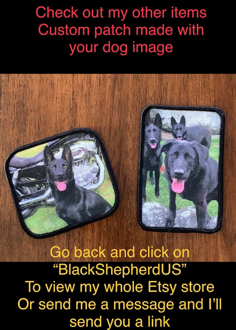 May include: Two custom dog patches. One patch features a black dog with a motorcycle in the background. The other patch features three black dogs. The patches are square and have black stitching around the edges. The text "BlackShepherdUS" is visible below the patches.