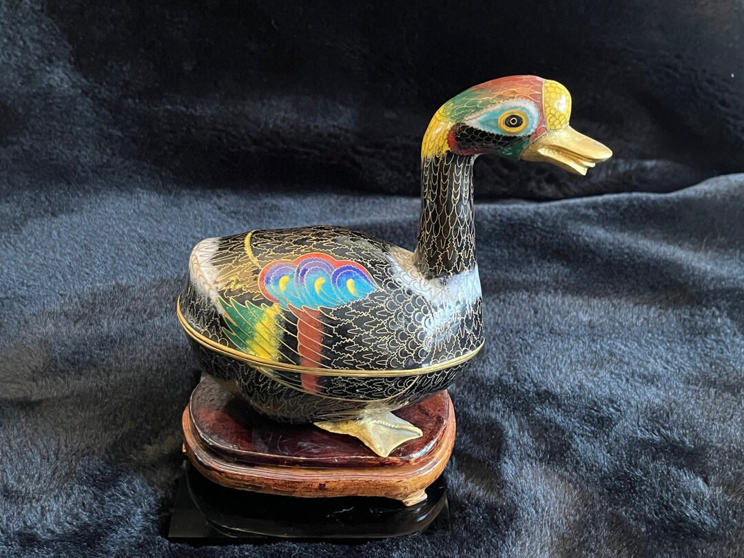 Antique Large Chinese Cloisonné Duck Trinket Dish on Wood Stand