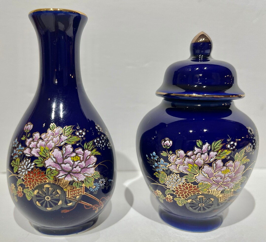 Japanese Kutani Cobalt Blue Vase and Jar Ensemble Etsy