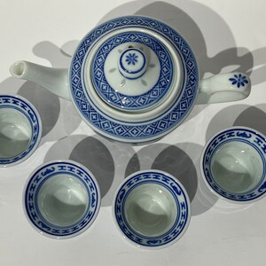 Vintage miniature Chinese Rice Eyes porcelain Teapot blue and Cups image 2