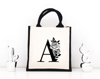 Sac en jute et coton Lettre Florale Personnalisé, Sac toile Cabas, Sac fourre-tout, Sac initiale personnalisé, cadeau femme