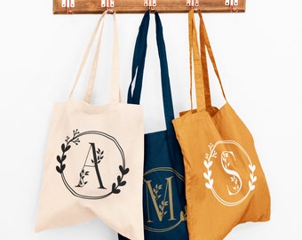 Dames gepersonaliseerde bloemenbrief Tote Bag van katoen, Tote canvas tas, Tote tas, Grafische tas