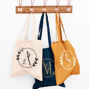 Tote Bag Femme Lettre Florale Personnalisé en coton, Sac toile Cabas, Sac fourre-tout, Tote bag graphique