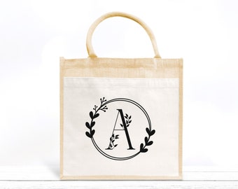 Sac en jute et coton Lettre Florale Personnalisé, Sac toile Cabas, Sac fourre-tout, Sac initiale personnalisé, cadeau femme