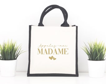 Personalized wedding jute and cotton bag, Tote bag Call me Madam, Bachelorette party bag, Bridal bag, Personalized wedding tote