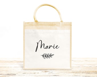 Sac prénom en jute et coton personnalisé, sac cabas personnalisé, Cabas en toile de jute, Sac personnalisé, Cadeau femme personnalisé