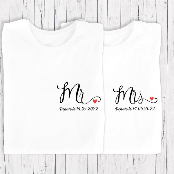 Camiseta de pareja a juego Mr and Mrs, camiseta de pareja de novios