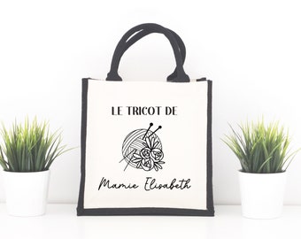 Sac en jute et coton personnalisé, sac cabas personnalisé, Cadeau mamie personnalisé, Sac à tricot, Fêtes des grand mères