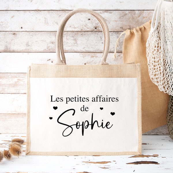 Sac en jute et coton personnalisé, sac cabas personnalisé, Cabas en toile de jute, Sac personnalisé, Cadeau femme personnalisé