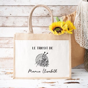 Personalized jute and cotton bag, personalized shopping bag, Personalized grandma gift, Knitting bag, Grandmother&#39;s Day