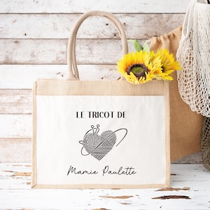 Personalized jute and cotton bag, personalized shopping bag, Personalized grandma gift, Knitting bag, Grandmother&#39;s Day