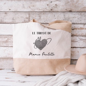 Personalized jute and cotton bag, personalized shopping bag, Personalized grandma gift, Knitting bag, Grandmother&#39;s Day