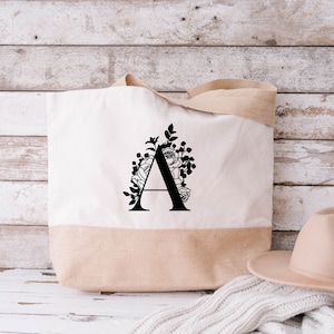 Bolso personalizado de yute y algodón Carta Floral Personalizada, Bolso Tote de Lona, Bolso Tote, Bolso inicial personalizado, regalo de mujer