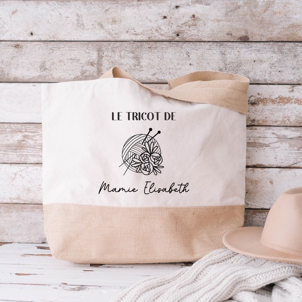 Sac en jute et coton personnalisé, sac cabas personnalisé, Cadeau mamie personnalisé, Sac à tricot, Fêtes des grand mères