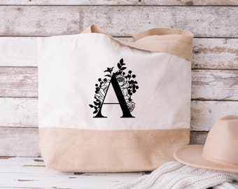 Custom Jute and Cotton Bag Custom Floral Letter, Tote Canvas Bag, Tote Bag, Custom Initial Bag, Women's Gift