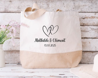 Gepersonaliseerde jute en katoenen trouwtas, EVJF tas, Bruidstas, Gepersonaliseerde trouwtas