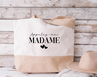 Sac en jute et coton personnalisé mariage, Sac fourre-tout Appelez moi madame, Sac evjf, Sac de la mariée, Cabas personnalisé mariage