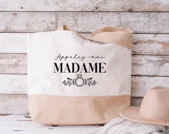 Personalized wedding jute and cotton bag, Tote bag Call me Madam, Bachelorette party bag, Bridal bag, Personalized wedding tote