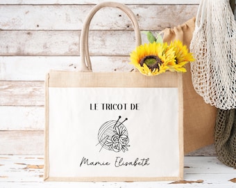 Sac en jute et coton personnalisé, sac cabas personnalisé, Cadeau mamie personnalisé, Sac à tricot, Fêtes des grand mères