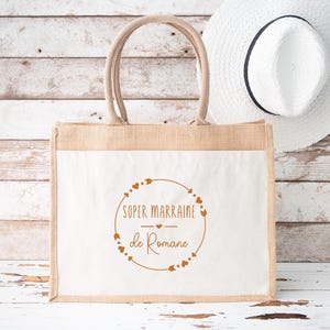 Personalized jute and cotton bag, personalized tote bag, jute canvas tote bag, personalized bag, godmother gift