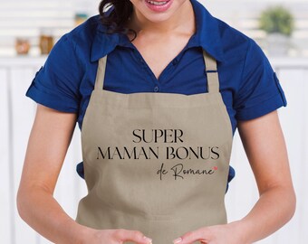 Delantal personalizado "Bono para Super Mamá" – Nombre(s) – Regalo para la suegra – Familia reconstituida – Día de la Madre