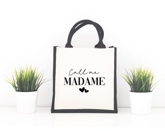 Personalized wedding jute and cotton bag, Tote bag Call me Madam, Bachelorette party bag, Bridal bag, Personalized wedding tote