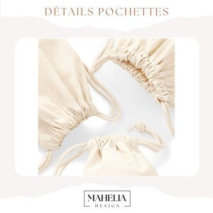 Puede incluir: Tres bolsas de algod&oacute;n blanco con cordones de algod&oacute;n blanco. Las bolsas son de diferentes tama&ntilde;os. Las bolsas est&aacute;n sobre un fondo blanco. El texto "DETAILS POCHETTES" est&aacute; en la parte superior de la imagen. El texto "MAHELIA DESIGN" est&aacute; en la parte inferior de la imagen.
