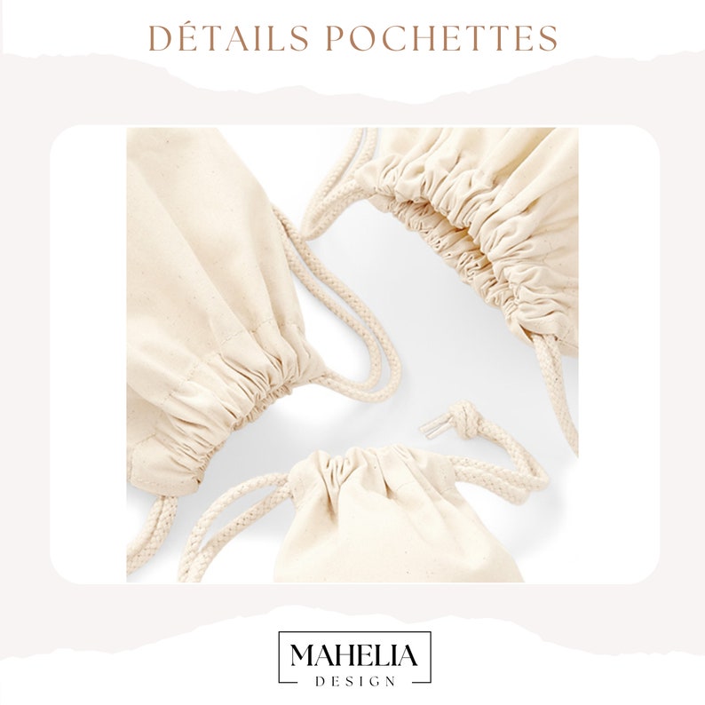 Puede incluir: Tres bolsas de algod&oacute;n blanco con cordones de algod&oacute;n blanco. Las bolsas son de diferentes tama&ntilde;os. Las bolsas est&aacute;n sobre un fondo blanco. El texto "DETAILS POCHETTES" est&aacute; en la parte superior de la imagen. El texto "MAHELIA DESIGN" est&aacute; en la parte inferior de la imagen.