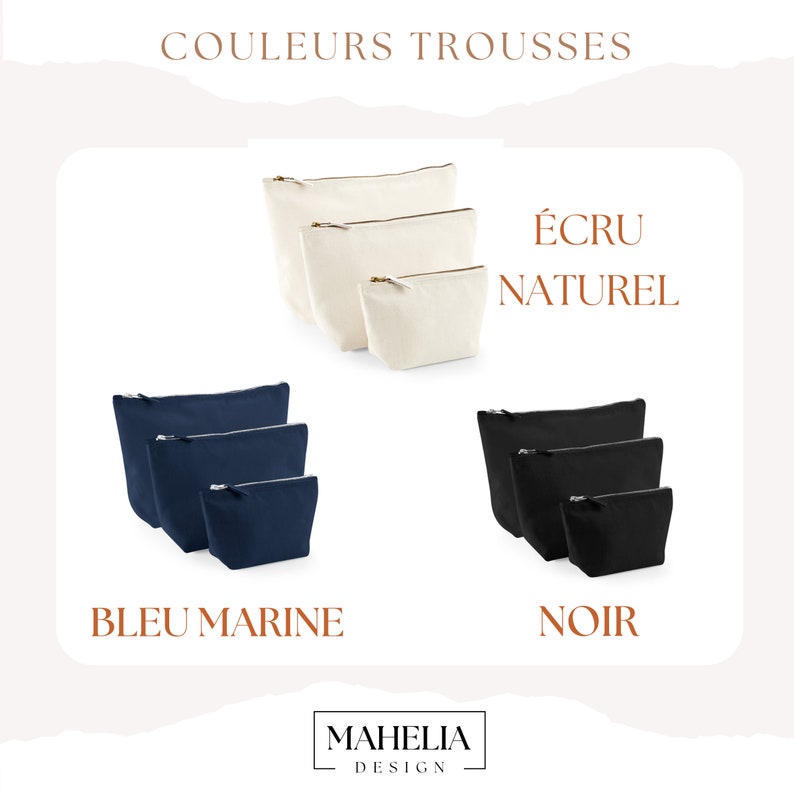 Puede incluir: Tres tama&ntilde;os diferentes de bolsas de maquillaje de lona en tres colores: natural, azul marino y negro. Las bolsas tienen cierre de cremallera y est&aacute;n etiquetadas como "&Eacute;CRU NATUREL", "BLEU MARINE" y "NOIR".