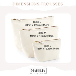 Puede incluir: Tres bolsas de lona blanca con cremalleras doradas. Las bolsas est&aacute;n etiquetadas con las palabras francesas "Taille L", "Taille M" y "Taille S" y sus dimensiones correspondientes en cent&iacute;metros. Las bolsas est&aacute;n dispuestas en orden descendente de tama&ntilde;o, con la bolsa m&aacute;s grande en la parte superior y la m&aacute;s peque&ntilde;a en la parte inferior. Las bolsas est&aacute;n sobre un fondo blanco.