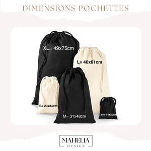 Puede incluir: Cinco bolsas de cord&oacute;n de diferentes tama&ntilde;os, desde extra peque&ntilde;as hasta extra grandes. Las bolsas est&aacute;n hechas de tela de algod&oacute;n natural y est&aacute;n disponibles en negro y blanco. Las bolsas est&aacute;n etiquetadas con sus dimensiones en cent&iacute;metros: XS=14x20cm, S=23x34cm, M=31x48cm, L=40x61cm, XL=49x75cm.