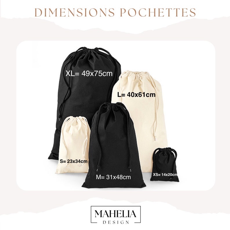 Puede incluir: Cinco bolsas de cord&oacute;n de diferentes tama&ntilde;os, desde extra peque&ntilde;as hasta extra grandes. Las bolsas est&aacute;n hechas de tela de algod&oacute;n natural y est&aacute;n disponibles en negro y blanco. Las bolsas est&aacute;n etiquetadas con sus dimensiones en cent&iacute;metros: XS=14x20cm, S=23x34cm, M=31x48cm, L=40x61cm, XL=49x75cm.