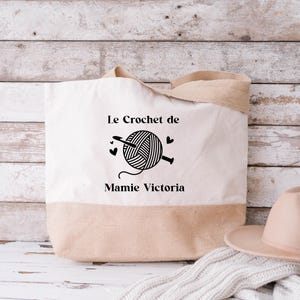 Personalized jute and cotton bag, personalized tote bag, personalized granny gift, knitting bag, grandmother&#39;s day