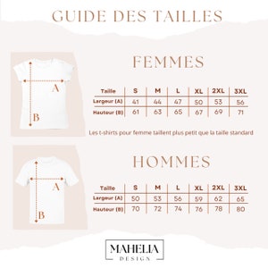 Peut inclure: Guide des tailles pour t-shirts femme et homme. Le tableau indique la largeur et la hauteur des t-shirts en centim&egrave;tres pour les tailles S, M, L, XL, 2XL et 3XL.