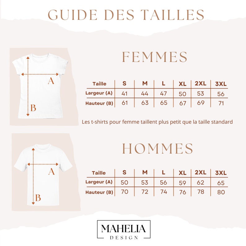 Peut inclure: Guide des tailles pour t-shirts femme et homme. Le tableau indique la largeur et la hauteur des t-shirts en centim&egrave;tres pour les tailles S, M, L, XL, 2XL et 3XL.