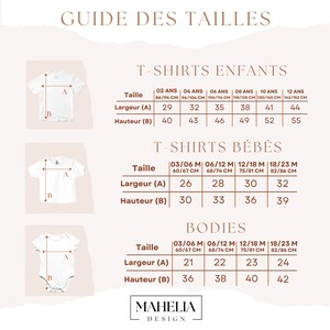 Peut inclure: Guide des tailles pour les v&ecirc;tements pour enfants et b&eacute;b&eacute;s. Le tableau indique la taille en mois ou en ann&eacute;es, la largeur en centim&egrave;tres et la hauteur en centim&egrave;tres. Le tableau est divis&eacute; en trois sections : T-shirts pour enfants, T-shirts pour b&eacute;b&eacute;s et Bodysuits.