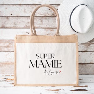 Personalized jute and cotton bag Super Mamie with first name, Original grandmother gift, Personalized tote bag, Grandmother&#39;s Day