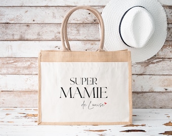 Personalisierte Jute- und Baumwolltasche „Super-Oma“ mit Namen, originelles Geschenk für Oma, personalisierte Tragetasche, Großmuttertag