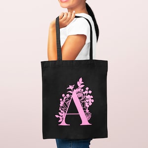Tote Bag Vrouw gepersonaliseerde bloemenletter, canvas tas cabas, tote tas, tote tas cadeau vrouw, grafische tote tas, cadeau vrouw afbeelding 4