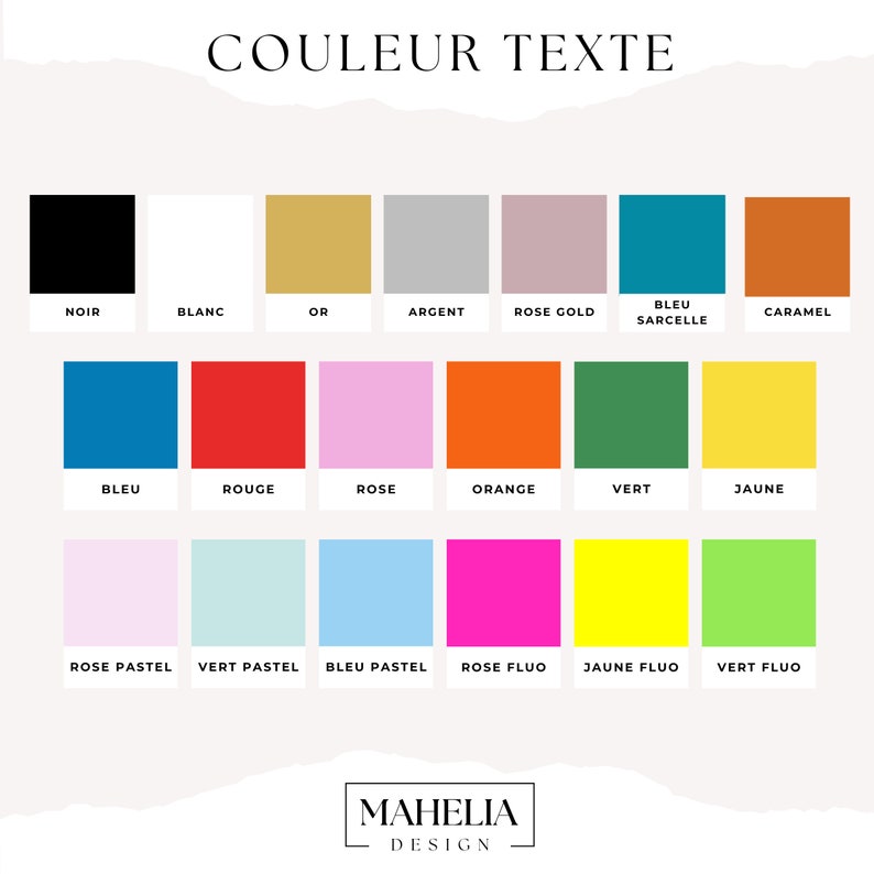 Puede incluir: Una carta de colores con 18 muestras de colores diferentes, incluyendo negro, blanco, oro, plata, oro rosa, azul, rojo, rosa, naranja, verde, amarillo y varios tonos de colores pastel y fluorescentes. El texto "COULEUR TEXTE" est&aacute; en la parte superior de la carta.