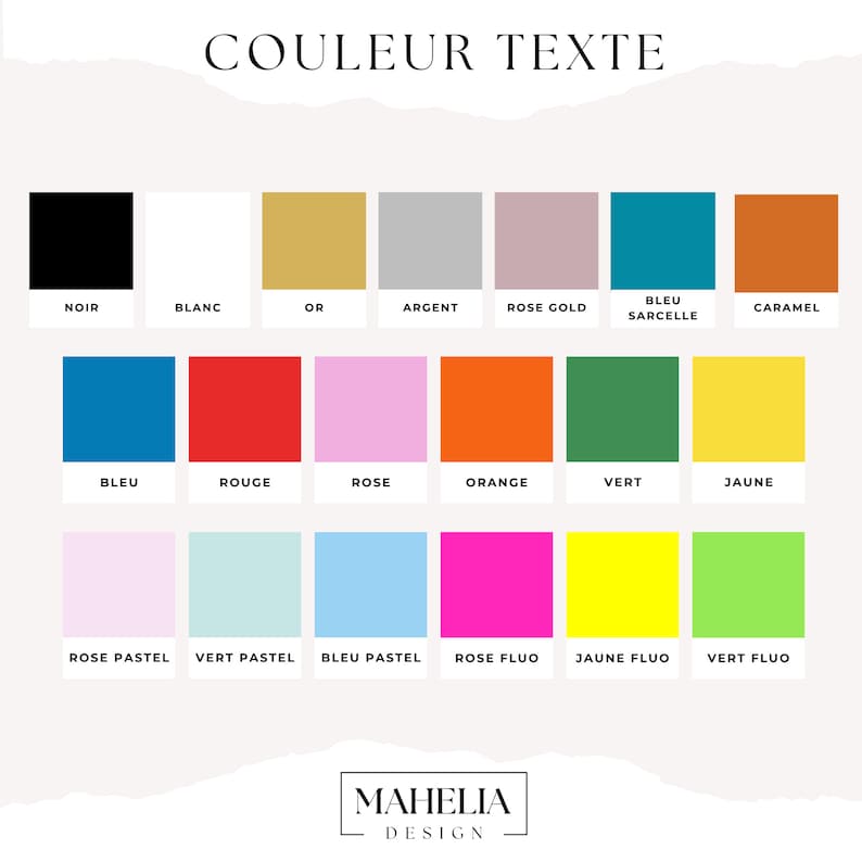Puede incluir: Una carta de colores con 18 muestras de colores diferentes, incluyendo negro, blanco, oro, plata, oro rosa, azul, rojo, rosa, naranja, verde, amarillo y varios tonos de colores pastel y fluorescentes. El texto "COULEUR TEXTE" est&aacute; en la parte superior de la carta.
