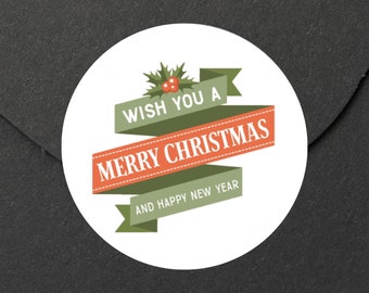 Merry Christmas Sticker, Round Christmas Tag, Happy New Year Sticker, Christmas Card Sticker, Envelope Seal, Round Holiday Labels