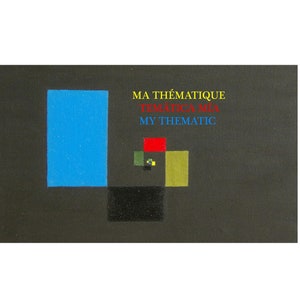 Puede incluir: Una impresión de arte abstracto en blanco y negro con un diseño geométrico azul, verde, rojo y amarillo. El texto "MA THÉMATIQUE TEMATICA MIA MY THEMATIC" está impreso en rojo, amarillo y azul.