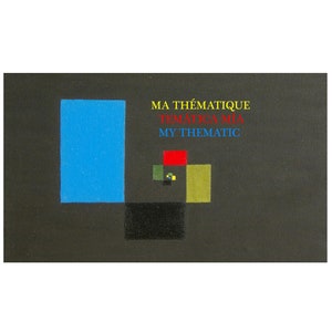 Puede incluir: Una impresión de arte abstracto en blanco y negro con un diseño geométrico azul, verde, rojo y amarillo. El texto "MA THÉMATIQUE TEMATICA MIA MY THEMATIC" está impreso en rojo, amarillo y azul.