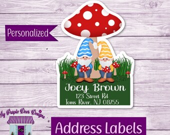 Return Address Labels, Gnomes With Mushrooms Personalized Mailing Address Stickers, Custom Shipping Labels, Home Address Sticker Sheet