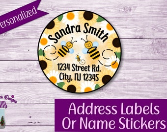 Circle Return Address Labels,  Bees, Sunflowers & Daisies Personalized Address Stickers, Custom Labels, New Home Address Stickers Sheet