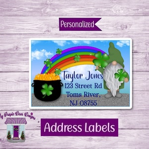 May include: A personalized address label featuring a rainbow, a pot of gold, and a gnome holding a shamrock. The label reads "Taylor Jones, 123 Street Rd, Toms River, NJ 08755".