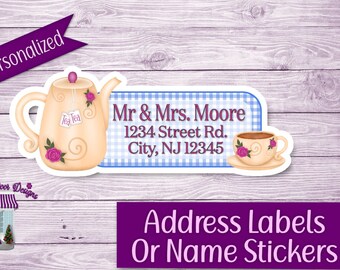 Return Address Labels, Tea Party Personalized Mailing Address Stickers, Custom Shipping Labels, Address Tea Cup Sticker Sheet, Name Tags