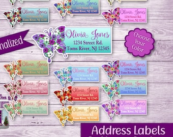 Floral Butterfly Address Labels, Personalized Mailing Address Stickers, Custom Shipping Labels, Custom Name Sticker Sheet, Choose Your Color